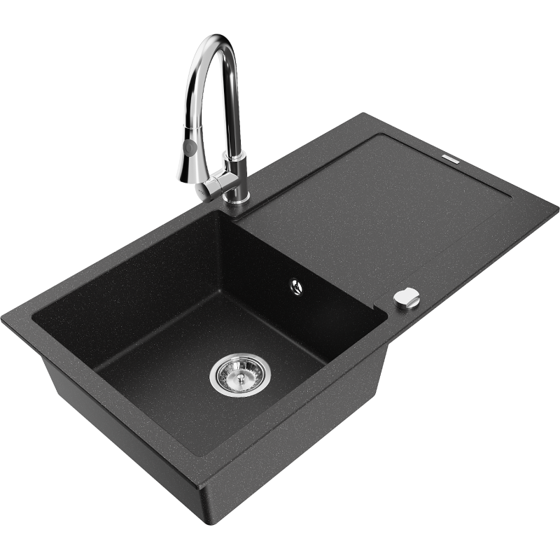 Mexen Leo 1-Bowl Granite Sink with Drainer and Elia Kitchen Tap, Black/Silver Metallic - 6501-73-670101-00