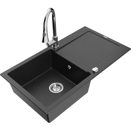 Mexen Leo 1-Bowl Granite Sink with Drainer and Elia Kitchen Tap, Black/Silver Metallic - 6501-73-670101-00