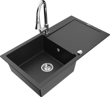 Mexen Leo Granitspüle 1-Becken mit Abtropffläche und Küchenarmatur Elia, schwarz/silber metallic - 6501-73-670101-00