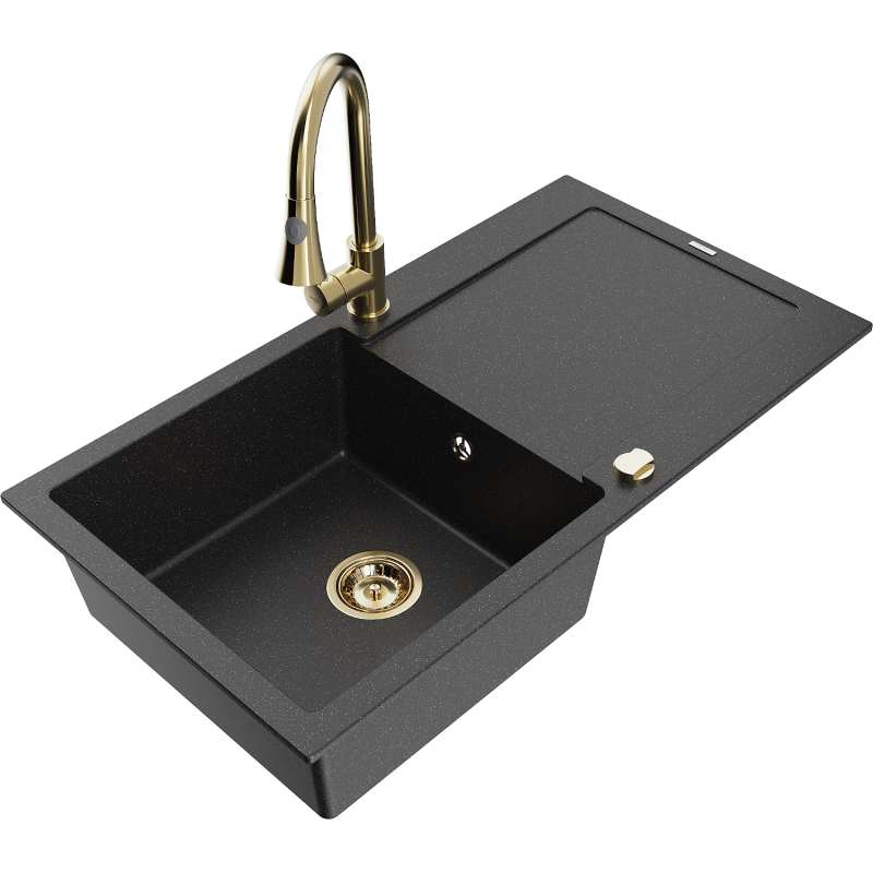 Mexen Leo Granitspüle 1-Becken mit Abtropffläche und Küchenarmatur Elia, schwarz/silber metallic - 6501-73-670101-50