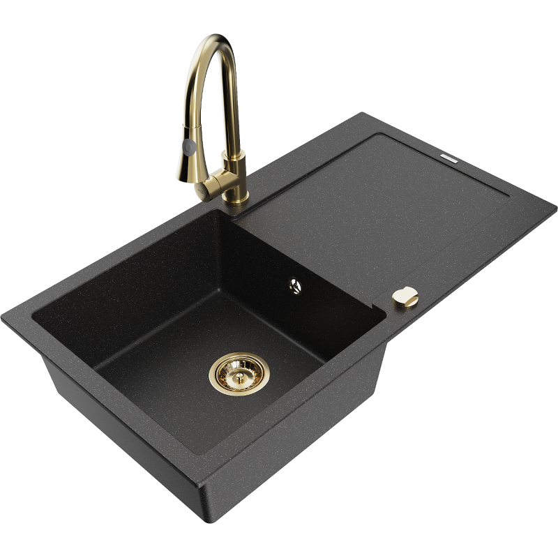 Mexen Leo lavello in granito a 1 vasca con gocciolatoio e rubinetto da cucina Elia, nero/metallo argento - 6501-73-670101-50