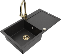 Mexen Leo Granitspüle 1-Becken mit Abtropffläche und Küchenarmatur Elia, schwarz/silber metallic - 6501-73-670101-50