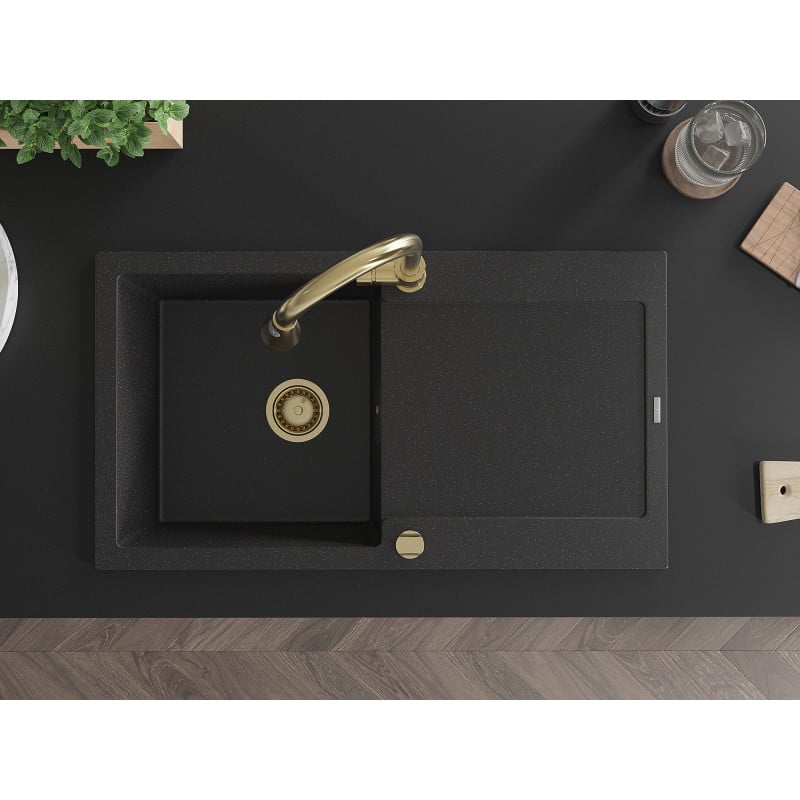 Mexen Leo Granitspüle 1-Becken mit Abtropffläche und Küchenarmatur Elia, schwarz/silber metallic - 6501-73-670101-50