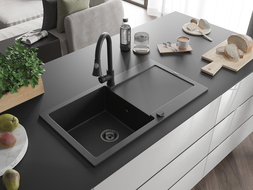 Mexen Leo Granitspüle 1-Becken mit Abtropffläche und Küchenarmatur Elia, schwarz/silber metallic - 6501-73-670101-70-B