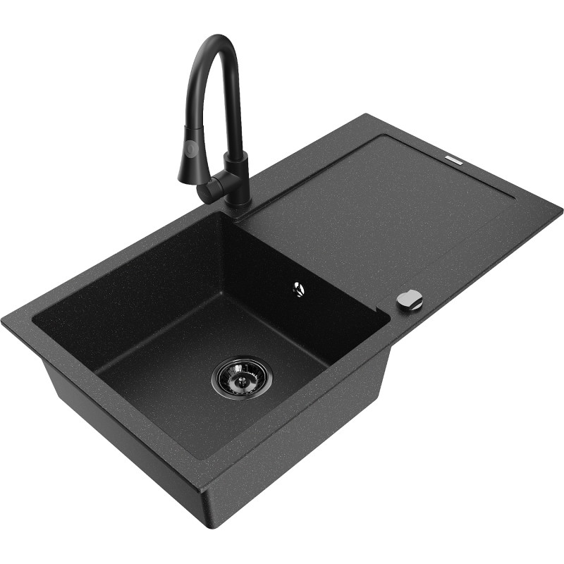 Mexen Leo fregadero de granito de 1 cubeta con escurridor y grifo de cocina Elia, negro/metálico plateado - 6501-73-670101-70-B