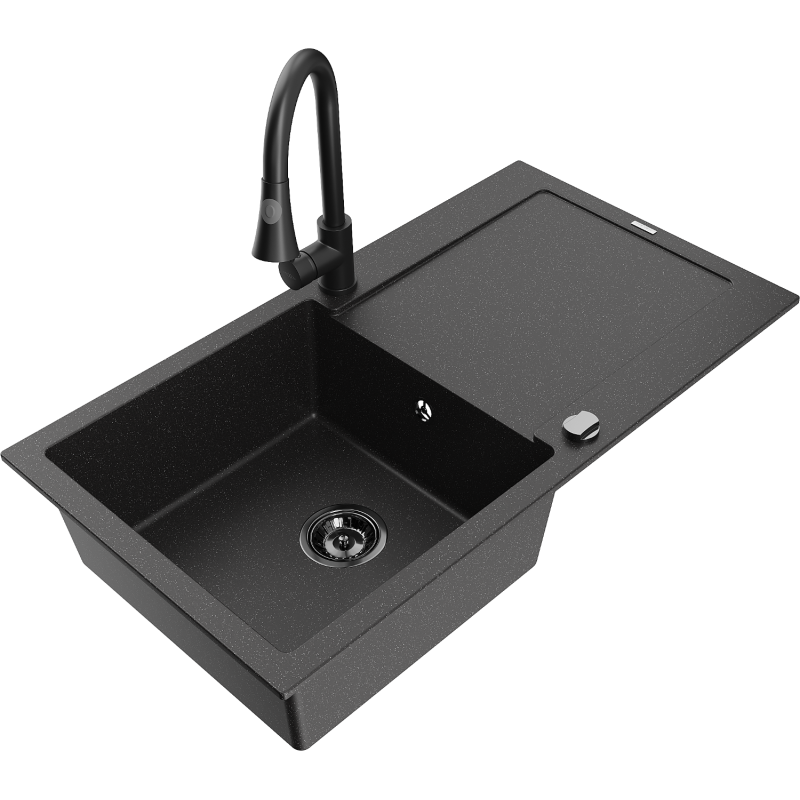 Mexen Leo lava-loiça de granito 1-cuba com escorredor e torneira de cozinha Elia, preto/prateado metálico