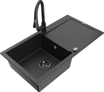 Mexen Leo Granitspüle 1-Becken mit Abtropffläche und Küchenarmatur Elia, schwarz/silber metallic - 6501-73-670101-70-B