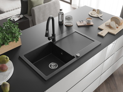Mexen Leo Granitspüle 1-Becken mit Abtropffläche und Küchenarmatur Elia, schwarz/silber metallic - 6501-73-670101-70