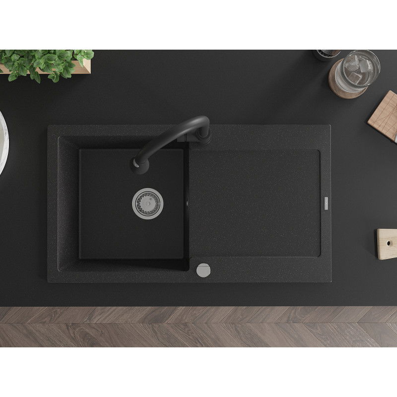 Mexen Leo Granitspüle 1-Becken mit Abtropffläche und Küchenarmatur Elia, schwarz/silber metallic - 6501-73-670101-70