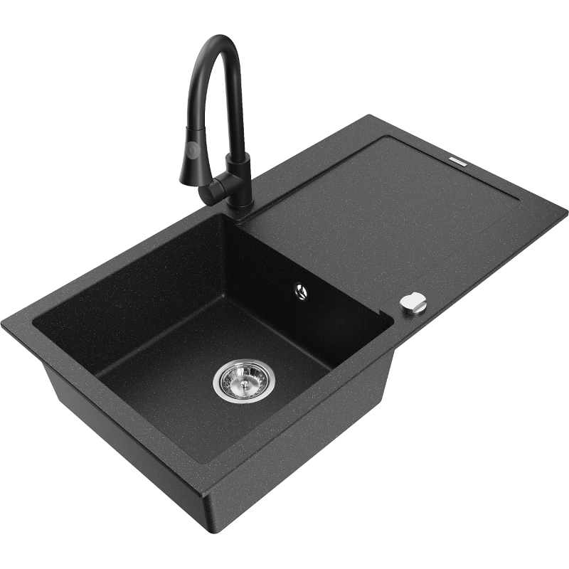 Mexen Leo granieten spoelbak 1-kompartiment met afdruiprek en keukenmengkraan Elia, zwart/zilver metallic - 6501-73-670101-70