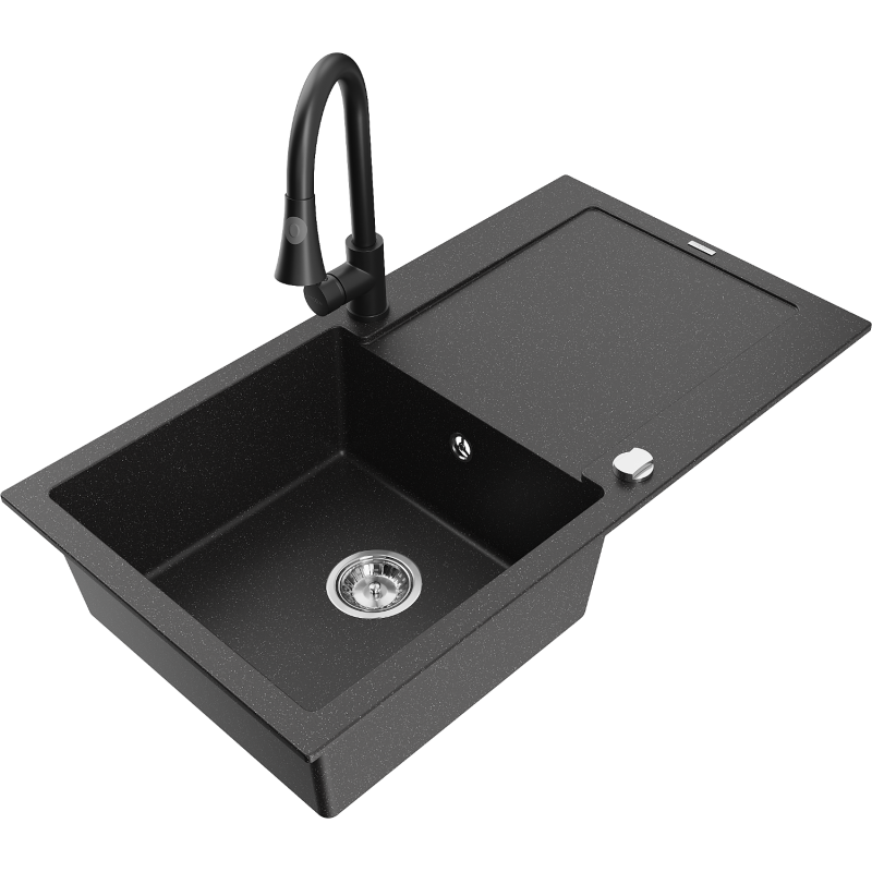 Mexen Leo lavello in granito a 1 vasca con scolapiatti e rubinetto da cucina Elia, nero/metallico argento - 6501-73-670101-70