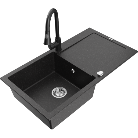 Mexen Leo granieten spoelbak 1-kompartiment met afdruiprek en keukenmengkraan Elia, zwart/zilver metallic - 6501-73-670101-70