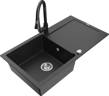 Mexen Leo évier en granit 1 bac avec égouttoir et robinet de cuisine Elia, noir/métallique argenté - 6501-73-670101-70