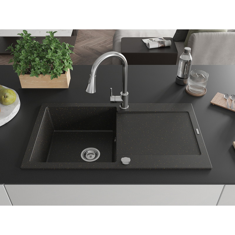 Mexen Leo lavello in granito a 1 vasca con scolapiatti e miscelatore da cucina Elia, nero/oro metallizzato - 6501-75-670101-00