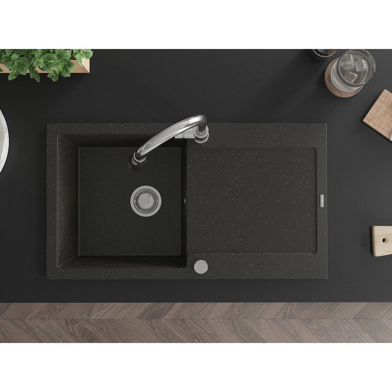 Mexen Leo granitdiskbänk med en ho med avrinningsyta och köksblandare Elia, svart/gul metallik - 6501-75-670101-00