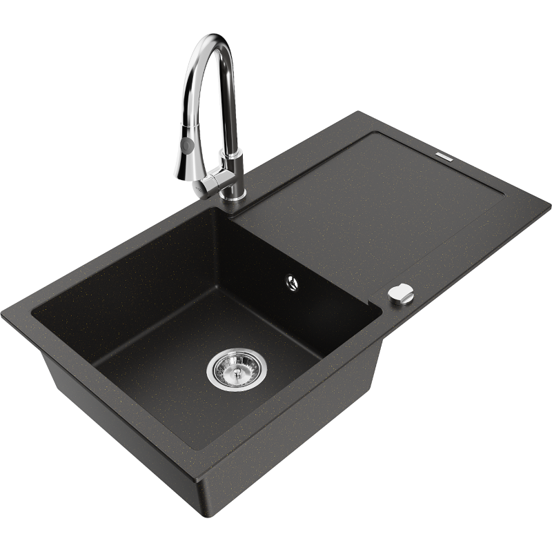 Mexen Leo graniittinen 1-allaskeittiöallas kuivaustasolla ja keittiöhanalla Elia, musta/kultametalli - 6501-75-670101-00