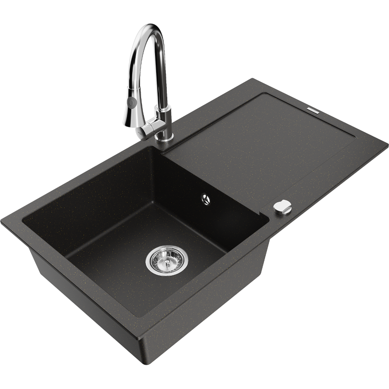 Mexen Leo Granitspüle 1-Becken mit Abtropffläche und Küchenarmatur Elia, schwarz/gold metallic - 6501-75-670101-00