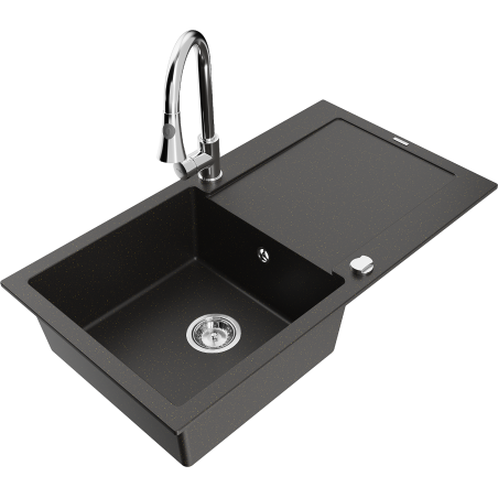 Mexen Leo fregadero de granito de 1 cubeta con escurridor y grifo de cocina Elia, negro/dorado metálico - 6501-75-670101-00