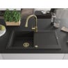 Mexen Leo 1-bowl granite sink with drainer and Elia kitchen faucet, black/gold metallic - 6501-75-670101-50