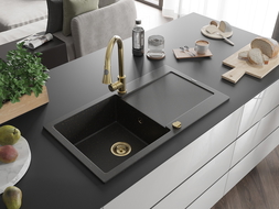 Mexen Leo Granit-Spüle 1-Becken mit Abtropffläche und Küchenarmatur Elia, Schwarz/Gold Metallic - 6501-75-670101-50
