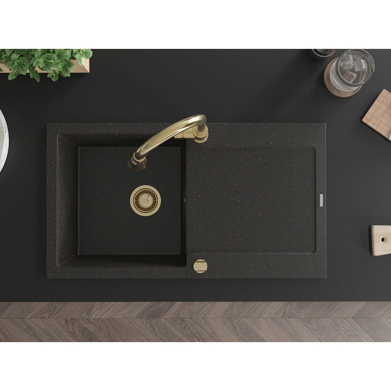 Mexen Leo granieten spoelbak 1-kompartement met afdruiprek en keukenmengkraan Elia, zwart/gouden metallic - 6501-75-670101-50