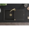Mexen Leo 1-bowl granite sink with drainer and Elia kitchen faucet, black/gold metallic - 6501-75-670101-50