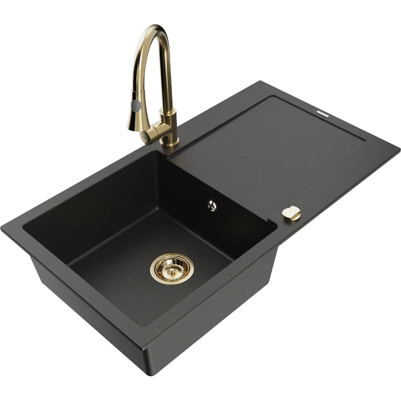 Mexen Leo 1-bowl granite sink with drainer and Elia kitchen faucet, black/gold metallic - 6501-75-670101-50