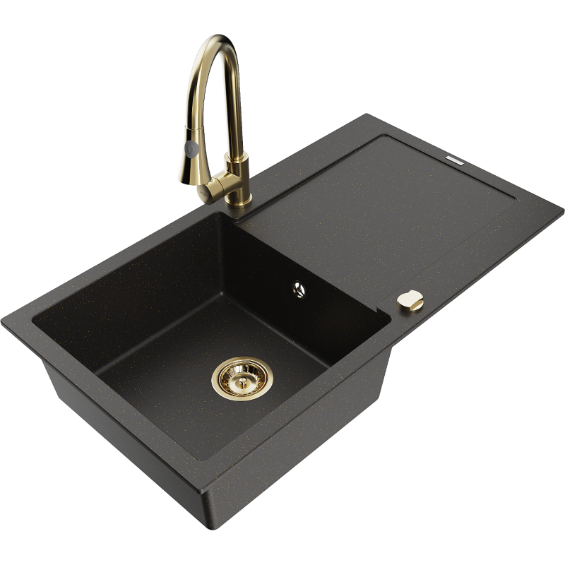 Mexen Leo lavello da cucina in granito a 1 vasca con sgocciolatoio e rubinetto Elia, nero/oro metallizzato - 6501-75-670101-50