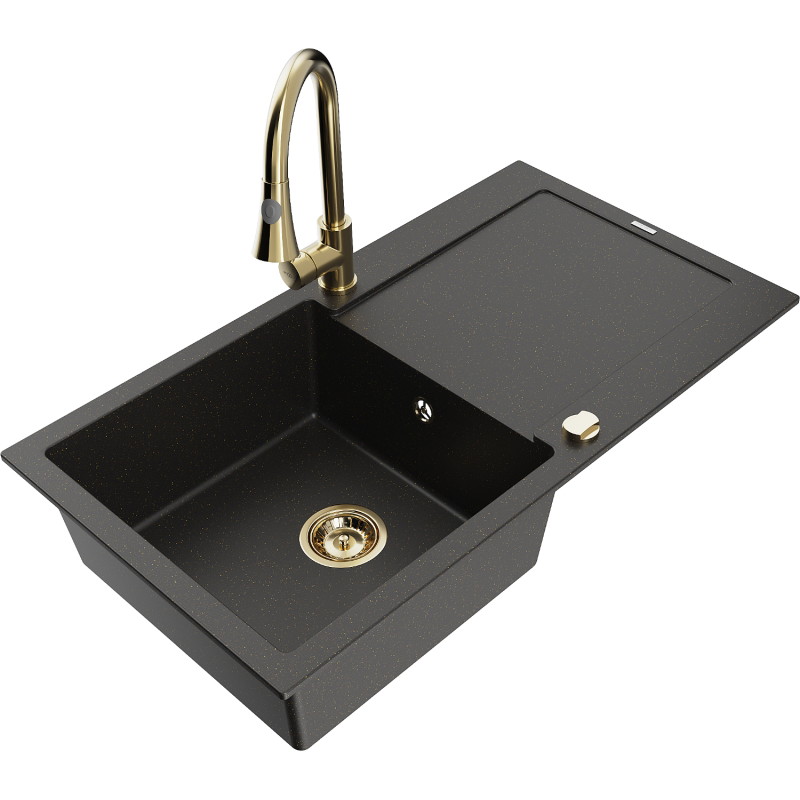 Mexen Leo lavello in granito a 1 vasca con scolapiatti e rubinetto da cucina Elia, nero/oro metallico - 6501-75-670101-50