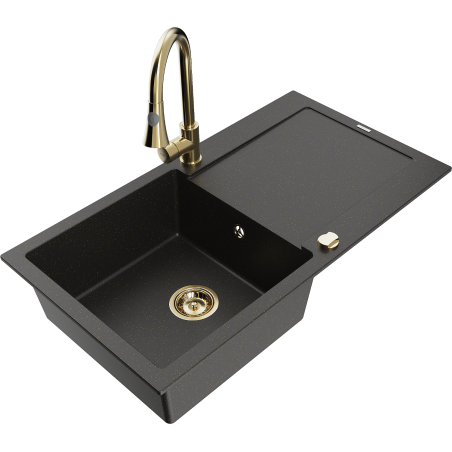 Mexen Leo évier en granit 1 bac avec égouttoir et robinet de cuisine Elia, noir/doré métallisé - 6501-75-670101-50