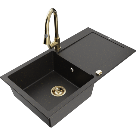 Mexen Leo granitspüle 1-beckig mit abtropffläche und Küchenarmatur Elia, schwarz/gold metallic - 6501-75-670101-50