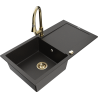 Mexen Leo lavello da cucina in granito a 1 vasca con sgocciolatoio e rubinetto Elia, nero/oro metallizzato - 6501-75-670101-50