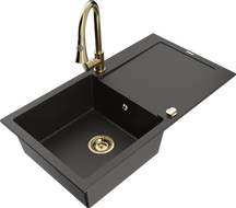 Mexen Leo Granit-Spüle 1-Becken mit Abtropffläche und Küchenarmatur Elia, Schwarz/Gold Metallic - 6501-75-670101-50