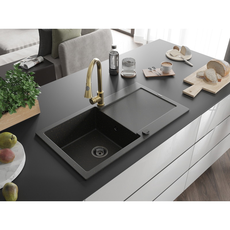 Mexen Leo lavello in granito con 1 vasca, scolapiatti e rubinetto da cucina Elia, nero/oro metallizzato - 6501-75-670101-50-B