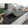 Mexen Leo Granitspüle 1-beckig mit Abtropffläche und Küchenarmatur Elia, Schwarz/Gold Metallic - 6501-75-670101-50-B