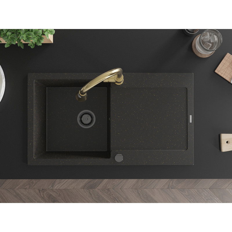 Mexen Leo granieten spoelbak 1-komers met afdruiprek en keukenmengkraan Elia, zwart/gouden metallic - 6501-75-670101-50-B