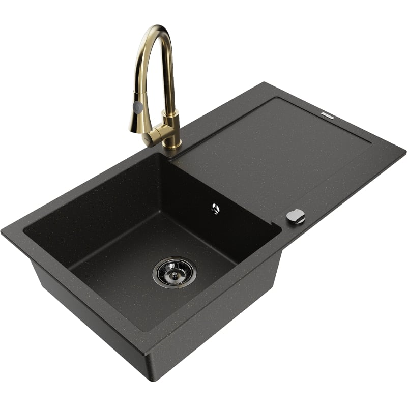 Mexen Leo 1-bowl granite kitchen sink with drainer and Elia faucet, black/gold metallic - 6501-75-670101-50-B