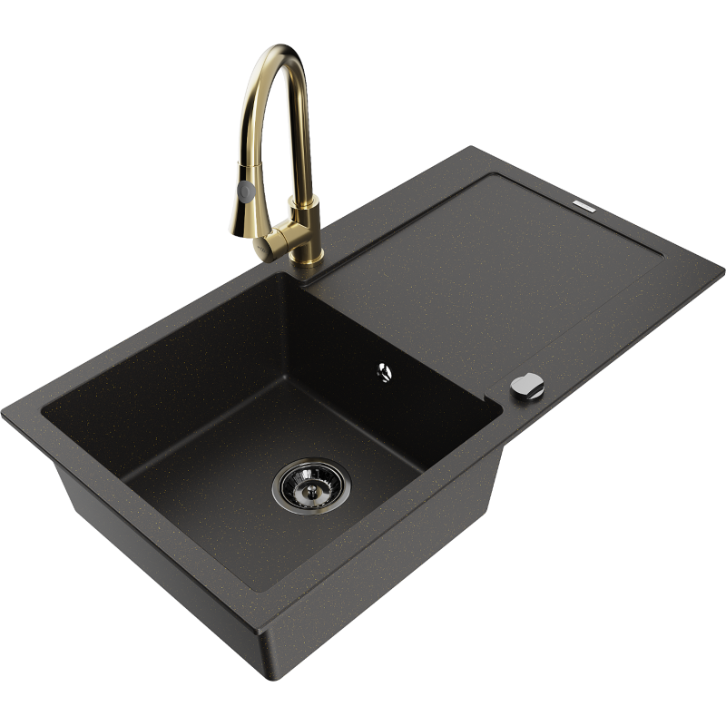 Mexen Leo granite sink with 1-bowl drainer and Elia kitchen tap, black/gold metallic - 6501-75-670101-50-B