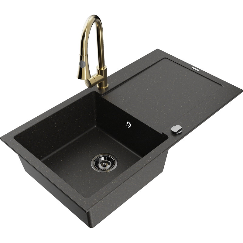 Mexen Leo Granitspüle 1-beckig mit Abtropffläche und Küchenarmatur Elia, Schwarz/Gold Metallic - 6501-75-670101-50-B