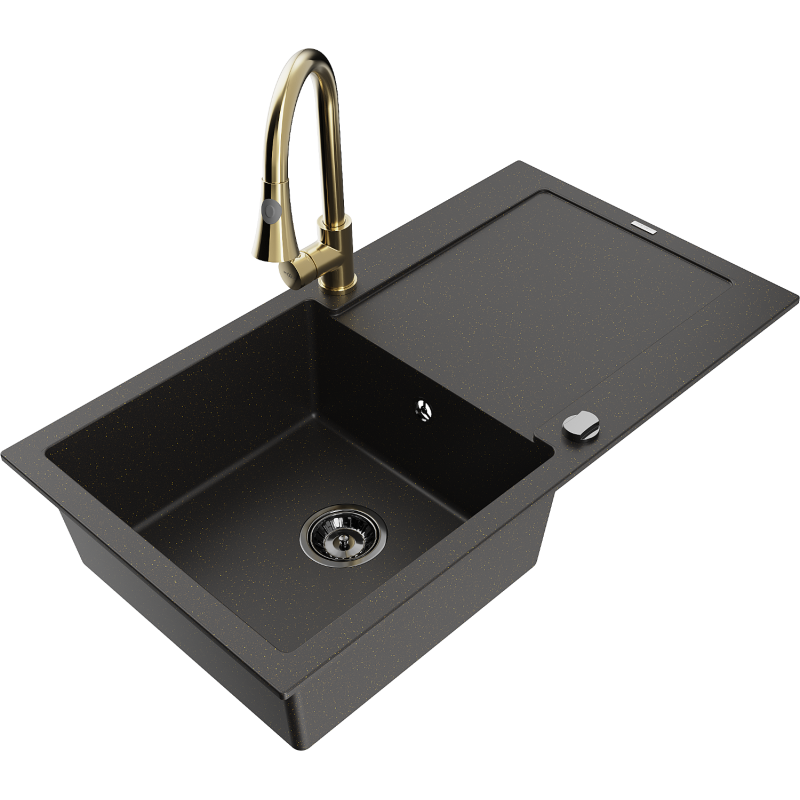 Mexen Leo lavello in granito 1-vasca con sgocciolatoio e rubinetto cucina Elia, nero/oro metallizzato - 6501-75-670101-50-B