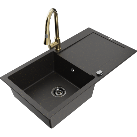 Mexen Leo lavello in granito a 1 vasca con sgocciolatoio e rubinetto da cucina Elia, nero/oro metallizzato - 6501-75-670101-50-B