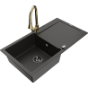 Mexen Leo 1-bowl granite kitchen sink with drainer and Elia faucet, black/gold metallic - 6501-75-670101-50-B