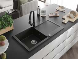 Mexen Leo Granitspüle 1-Kammer mit Abtropffläche und Küchenarmatur Elia, schwarz/gold metallic - 6501-75-670101-70