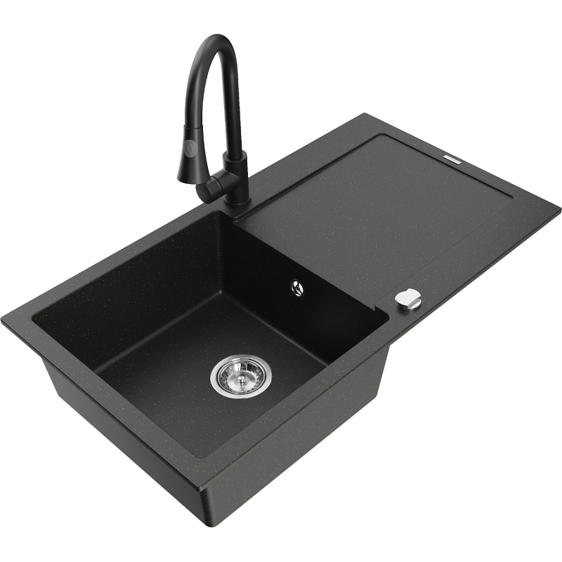 Mexen Leo granite sink 1-bowl with drainer and Elia kitchen tap, black/gold metallic - 6501-75-670101-70