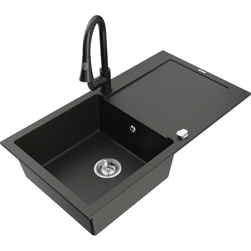 Mexen Leo granitstenen spoelbak met 1 bak, afdruiprek en keukenmengkraan Elia, zwart/gouden metallic - 6501-75-670101-70