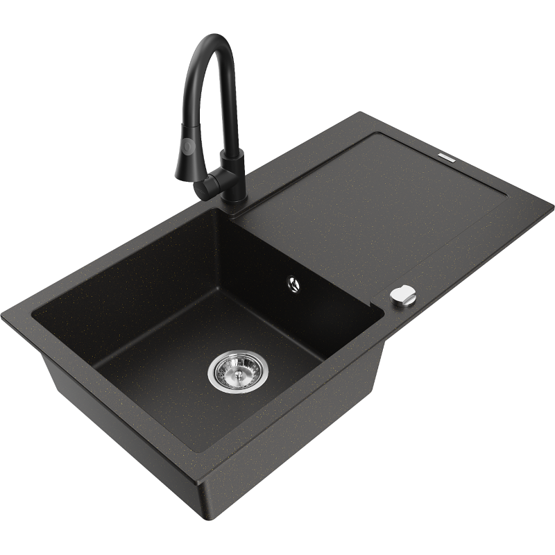 Mexen Leo lava-loiça de granito de 1 bacia com escorredor e torneira de cozinha Elia, preto/dourado metálico