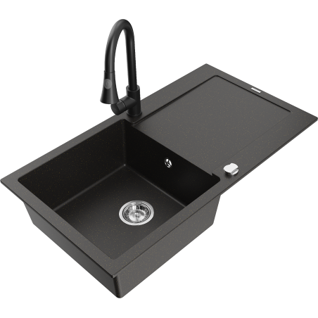Mexen Leo fregadero de granito de 1 seno con escurridor y grifo de cocina Elia, negro/metalizado dorado - 6501-75-670101-70