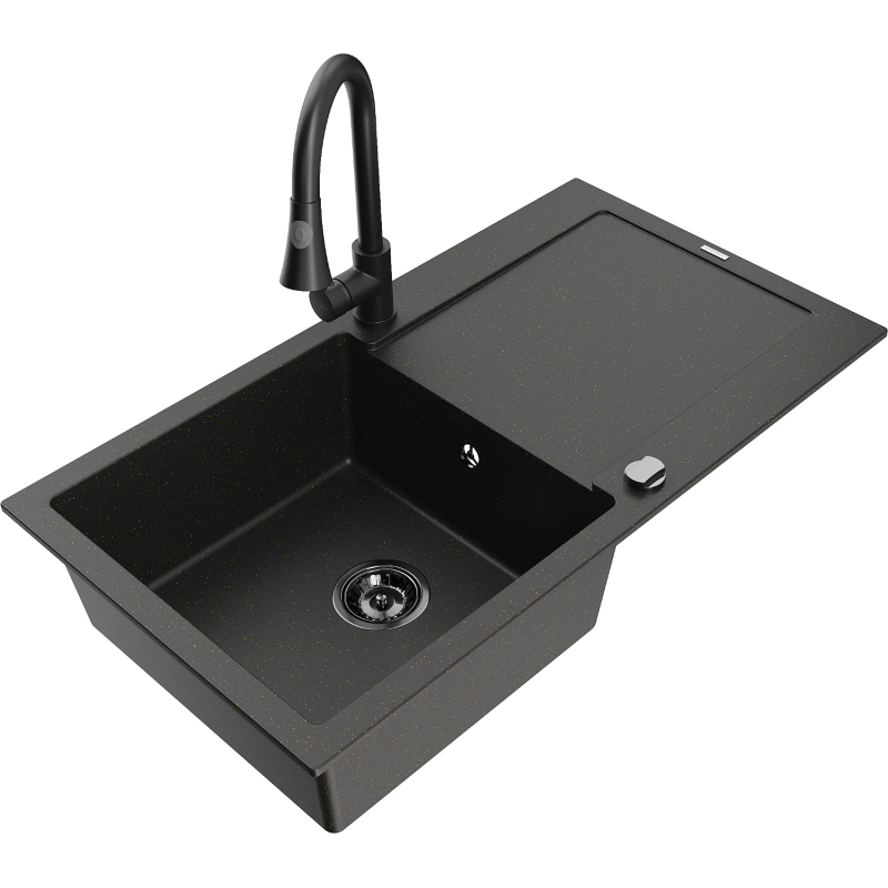Mexen Leo fregadero de granito de 1 senal con escurridor y grifo de cocina Elia, negro/metalizado dorado - 6501-75-670101-70-B