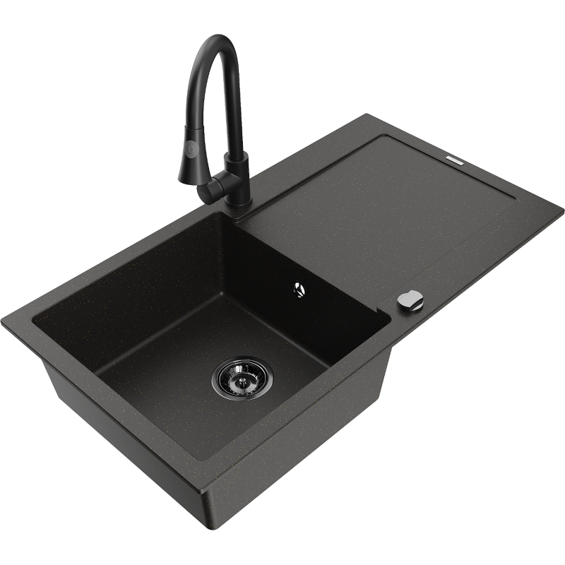 Mexen Leo granite sink, 1-bowl with drainer and Elia kitchen tap, black/gold metallic - 6501-75-670101-70-B