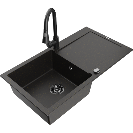 Mexen Leo granit Spüle 1-Becken mit Abtropffläche und Küchenarmatur Elia, schwarz/gold metallic - 6501-75-670101-70-B